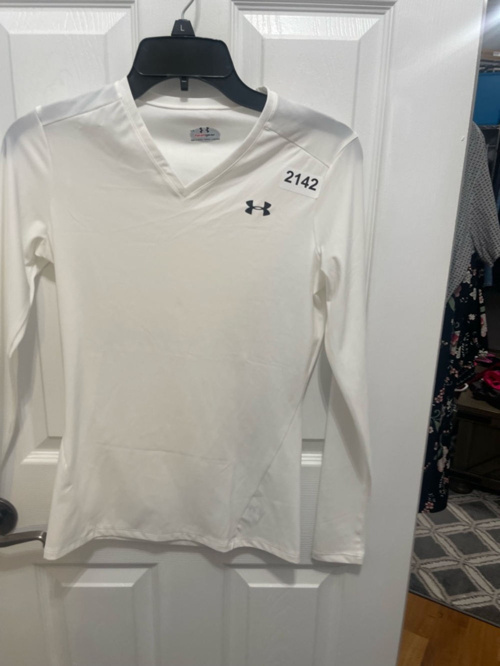 Under Armour White V-Neck Long Sleeve Performance Top with Black Logo